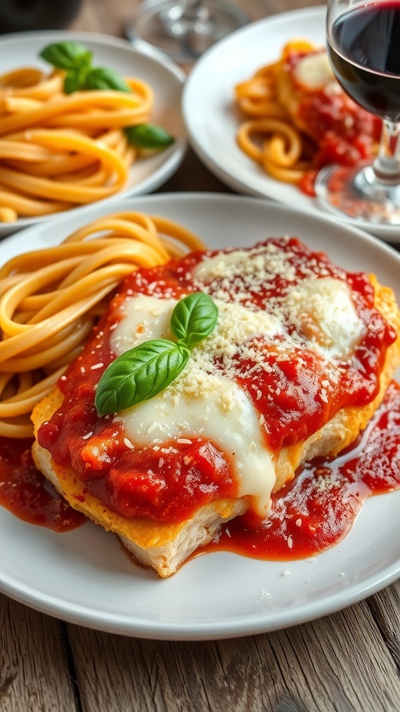 A plate of chicken parmesan with marinara sauce and melted cheese, garnished with basil, served with spaghetti.